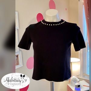 Zara Black thick Basic T-shirt w Pearl trim sz s
